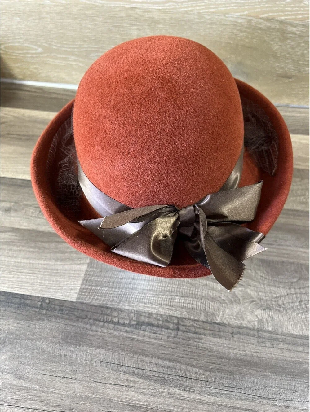 Betmar New York Brown Cloche Hat Wool with Satin Bow